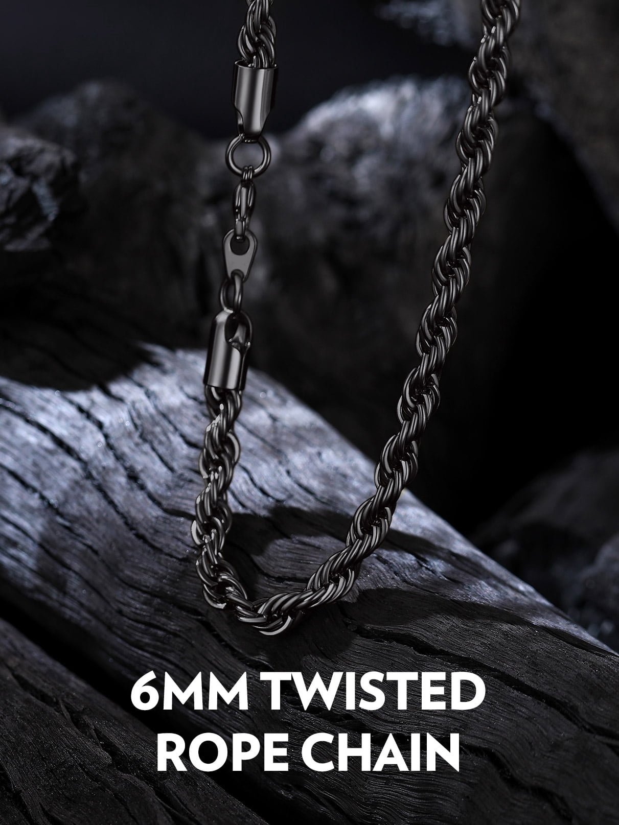 Bandmax 6MM Black Men Rope Chain Necklace 22 Inch Hypoallergenic Stainless Steel Chunky Cable Twisted Chain for Men Women Jewelry Gift