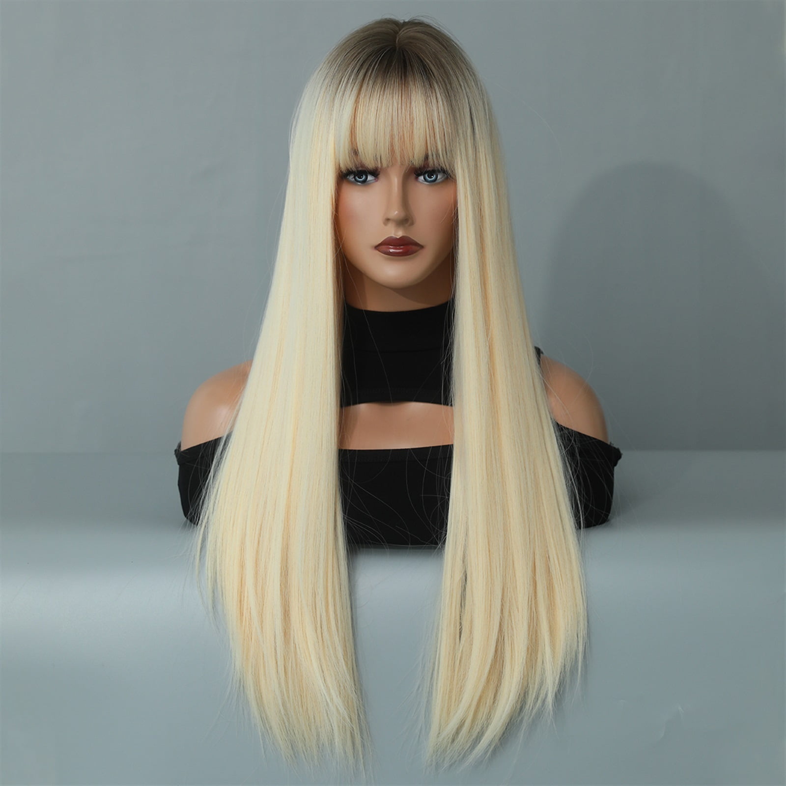 Light Blonde Long Straight Hair Women Wig with Bangs Synthetic Wig Daily Use Heat Resistant Fiber Natural Female Fake Hair