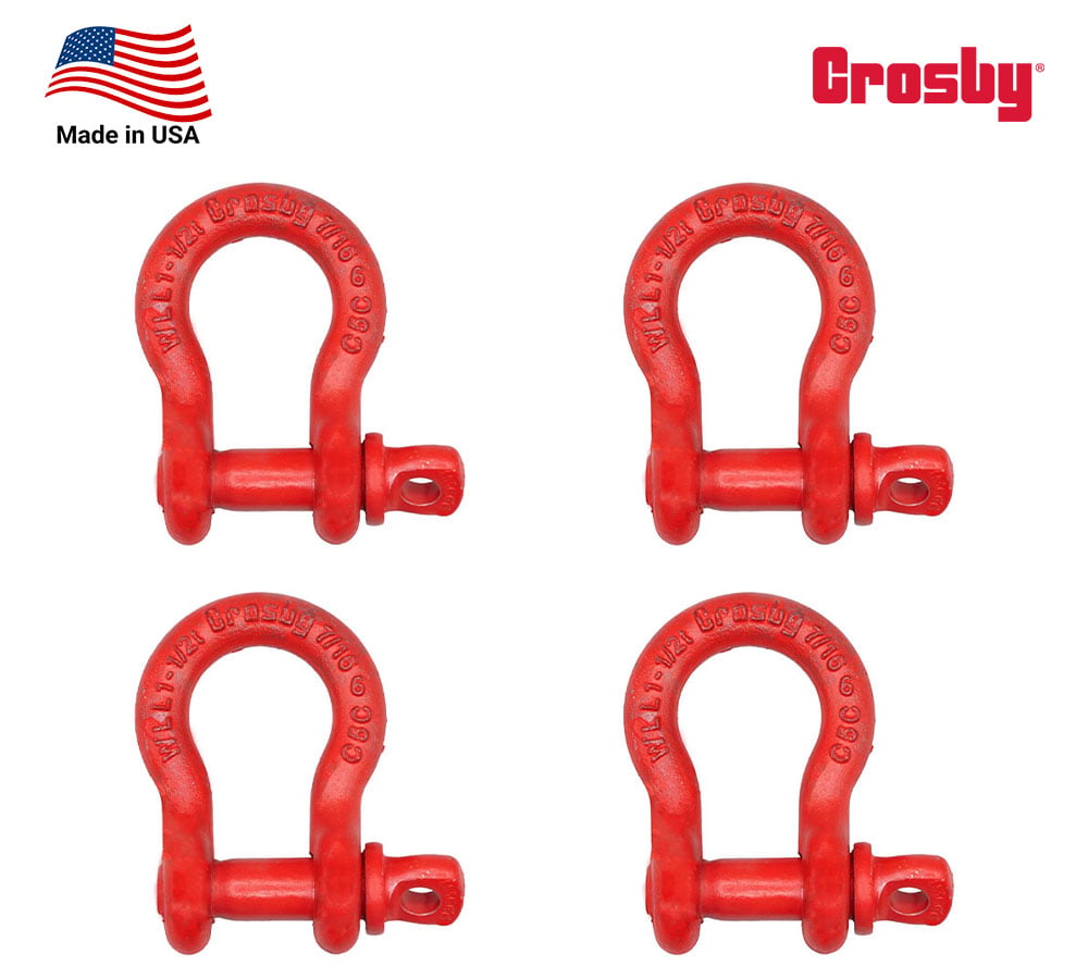 4 Pack Crosby S-209 7/16" Anchor Shackle Carbon Steel w/Alloy Screw Pin 3,300 lbs WLL, Red Painted Heavy Duty D Ring Shackle for Towing, Rigging & Vehicle Recovery, 1018446