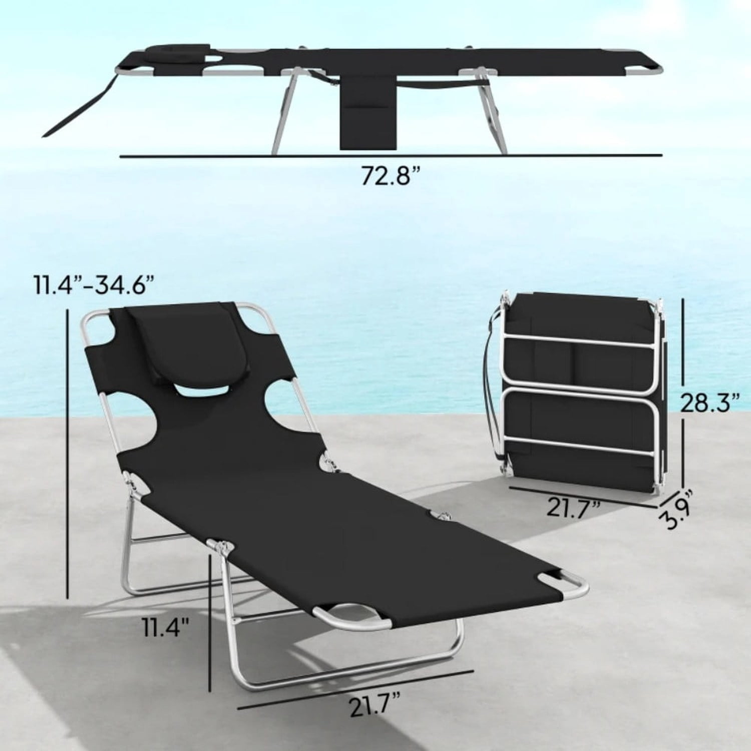 2-Pack Outdoor Folding Sun Lounger Set 5-Position Adjustable Backrest Face Cavity & Arm Slots Side Pocket Carry Strap Weather-Resistant Oxford Fabric for Beach Pool Patio