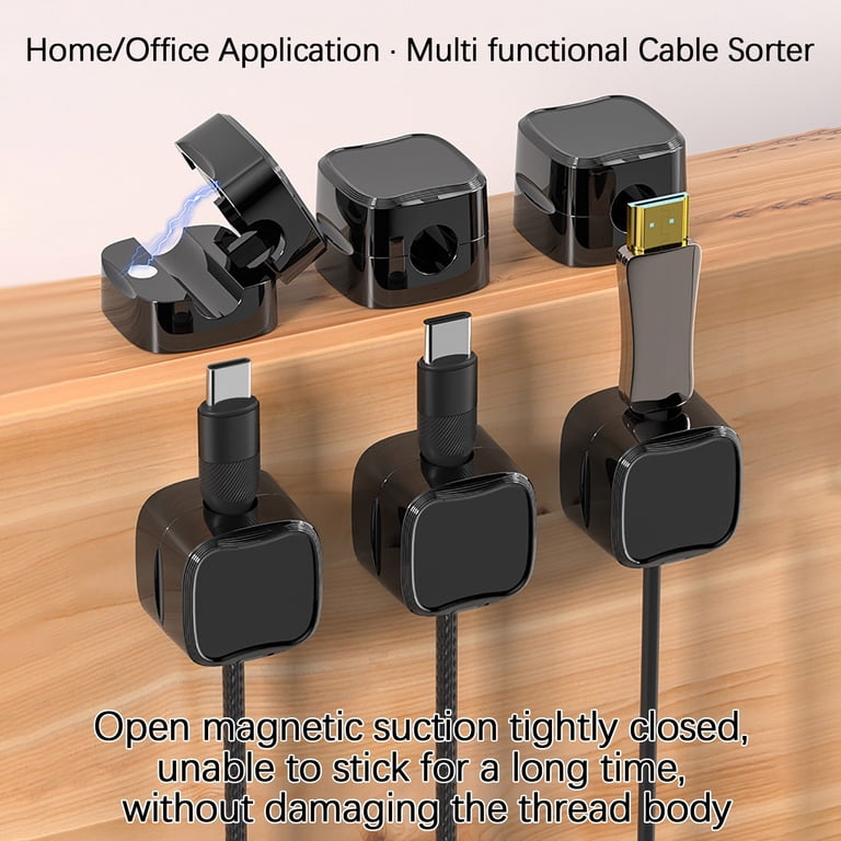 12 Pack Magnetic Cord Organizer Holders - Strong Adhesive Cable Clips For Desk, Nightstand, Car, Office (Black)