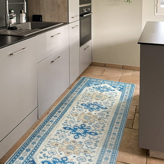 My Magic Carpet 2.5'x7' Machine Washable Non-Slip Kitchen Hallway Runner Rug - Saraz Blue