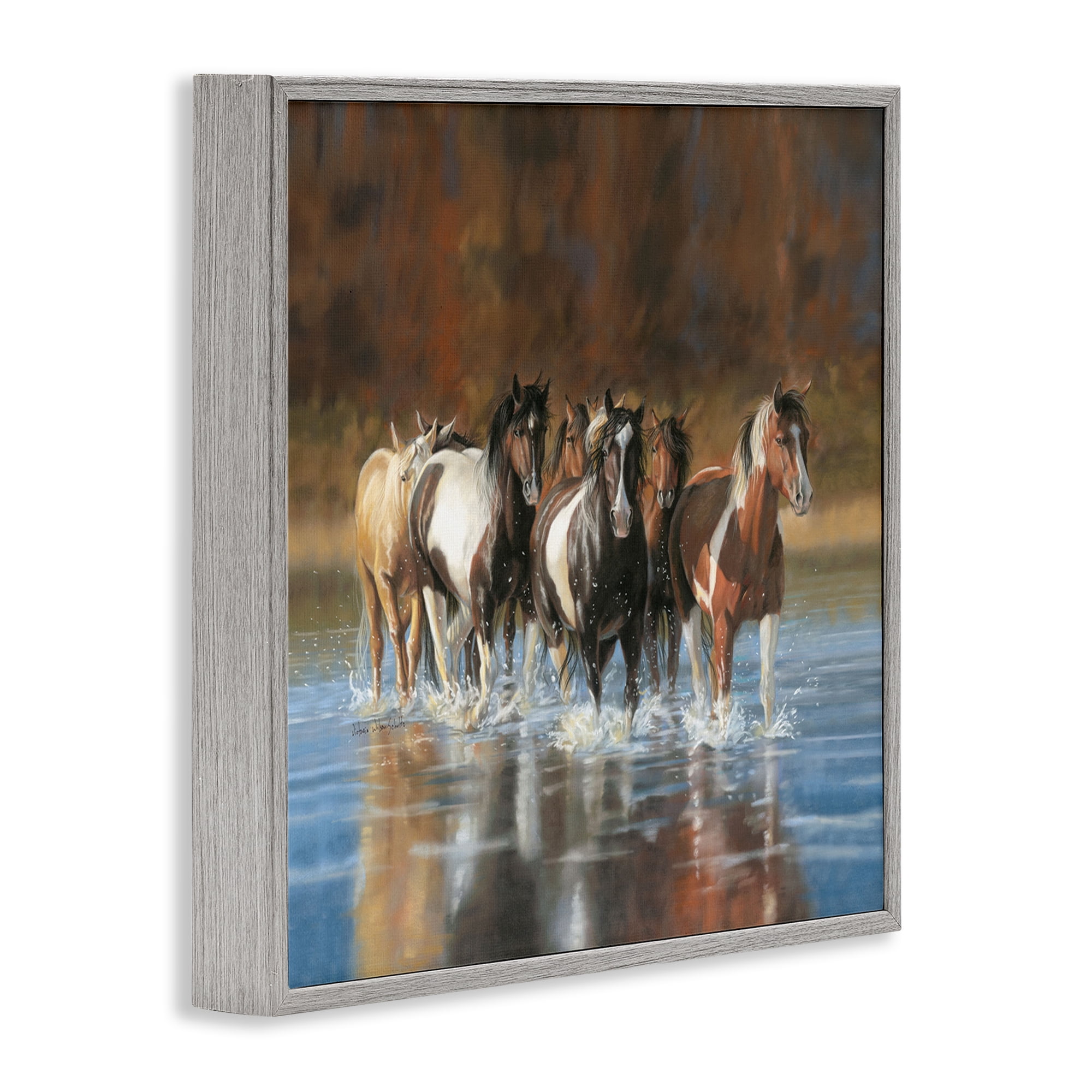 Stupell Industries River & Horses Scenery Animals & Insects Painting Gray Framed Art Print Wall Art, 12 x 12