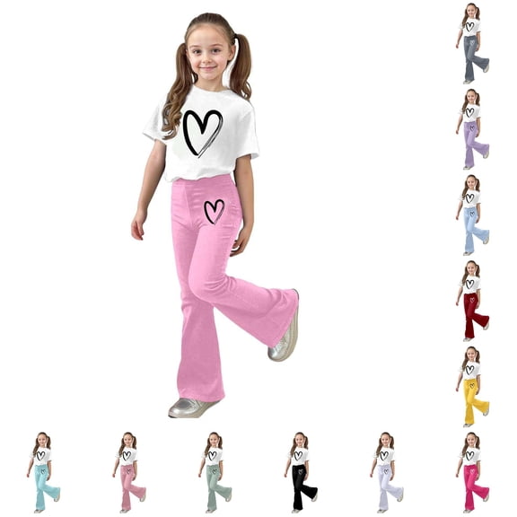 ZXLBBD Girls Fall Outfits with Bow Print and Flared Pants 2 Piece Toddler Kids Casual Loose Fit Outdoor Activities Clothing Sets,Pink,Size 8 Y-9 Y