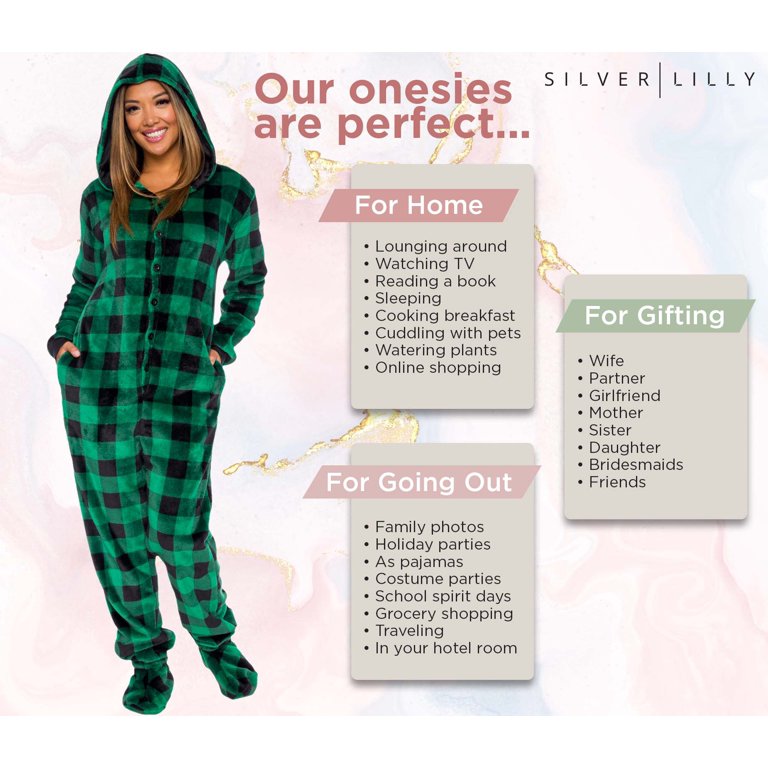 Womens Buffalo Plaid Footed One Piece Pajamas with Hood - Green and Black  Warm Plush Comfortable Jumpsuit by Silver Lilly (X-Large) 