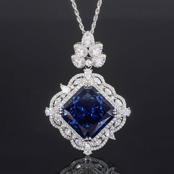 Large Yellow / Royal Blue Pendant Necklace for Women Crushed Ice Square Radiant Cut 18X18MM CZ Simulated Diamond Necklace 925 Sterling Silver Necklaces