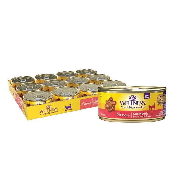 Wellness Complete Health Gravy Adult Wet Cat Food, Natural, Protein-Rich, Grain Free, 5.5 Ounce , 12 Pack, (Salmon Entree)