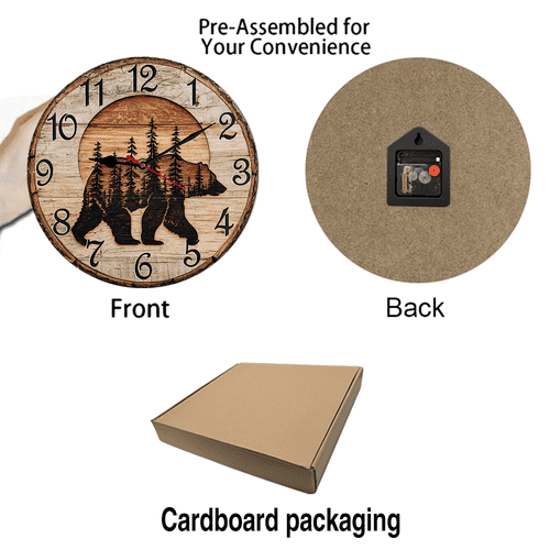 Kurmntregon Cabin Bear Wall Clock Black Bear Wildlife Forest Mountain Lodge Wooden For Kitchen Bathroom Silent Non Ticking Decorative Clock Battery Operated Home Office Living Room Decor Round 10"