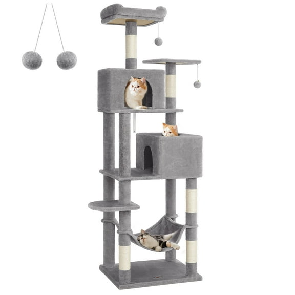 Feandrea Cat Tree, 75.2-Inch Cat Tower for Indoor Cats, Plush Multi-Level Cat Condo with 5 Scratching Posts, 2 Perches, 2 Caves, Hammock, 2 Pompoms, Smoky Gray