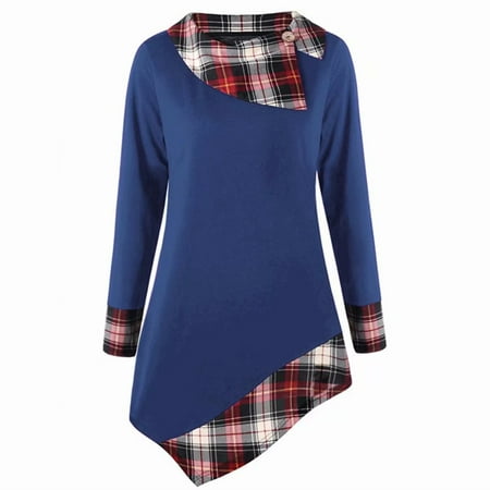 Akoyovwerve Fashion Plus Size Women Long Sleeve Plaid Lattice Asymmetric T-shirt Tops Blouse, Blue
