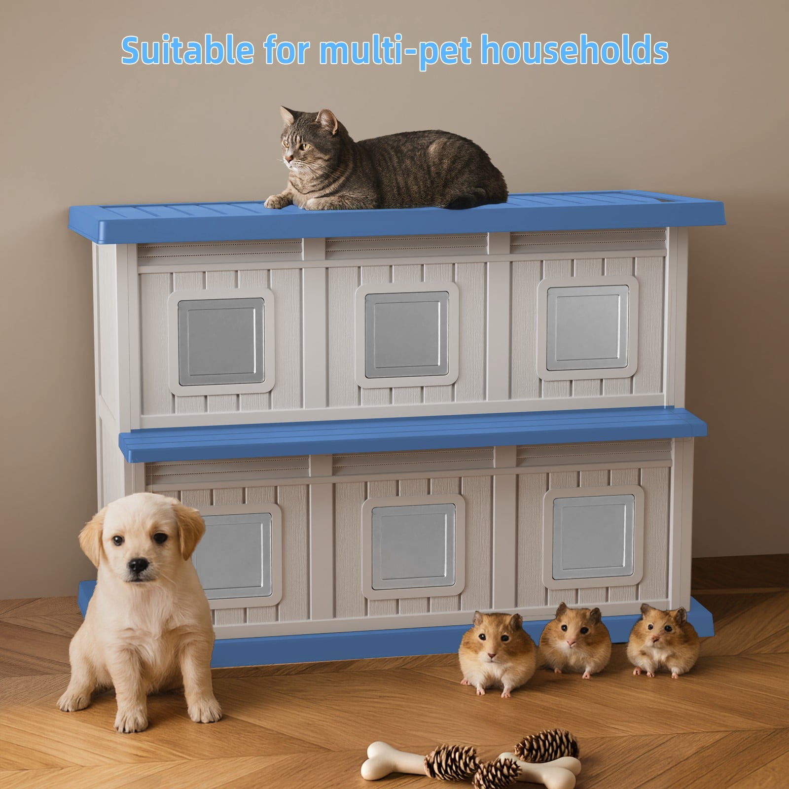 ENNSOO Cat House Weatherproof Double Decker Insulated Thick Panel Structure Easy Clean Design For Outdoor Garden Patio Feral Cat Shelter