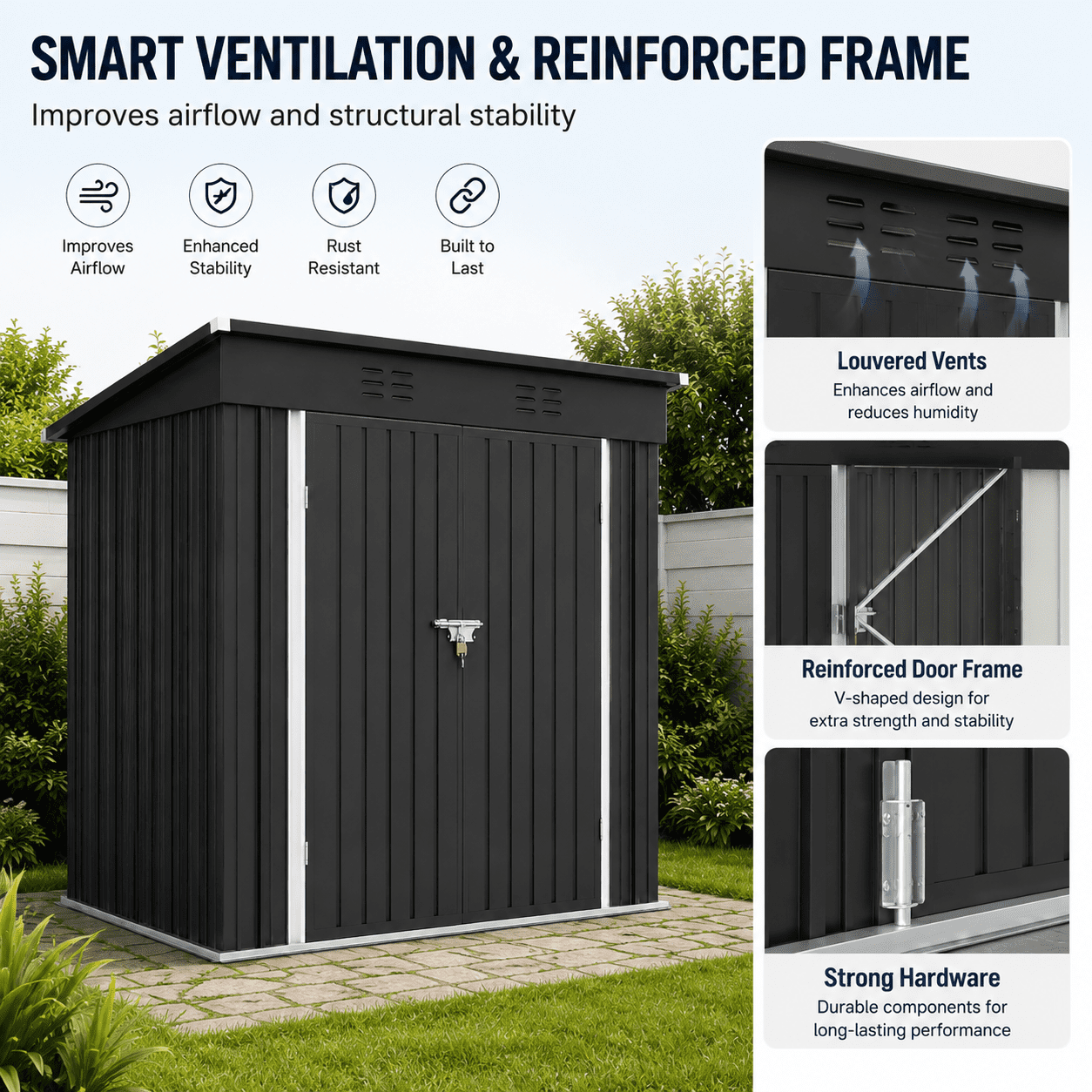 Seizeen 6x4FT Storage Shed, Metal Garden Tool Sheds & Outdoor Storage Clearance for Patio Backyard, Weatherproof and Lockable Outdoor Storage, Black
