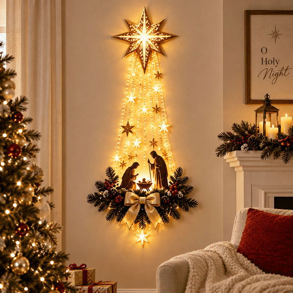 Lighted Nativity Wall Decor, Bethlehem Star Christmas Wall Hanging with Warm Lights, Holy Family Nativity Scene for Indoor Holiday Decorations 1Pcs