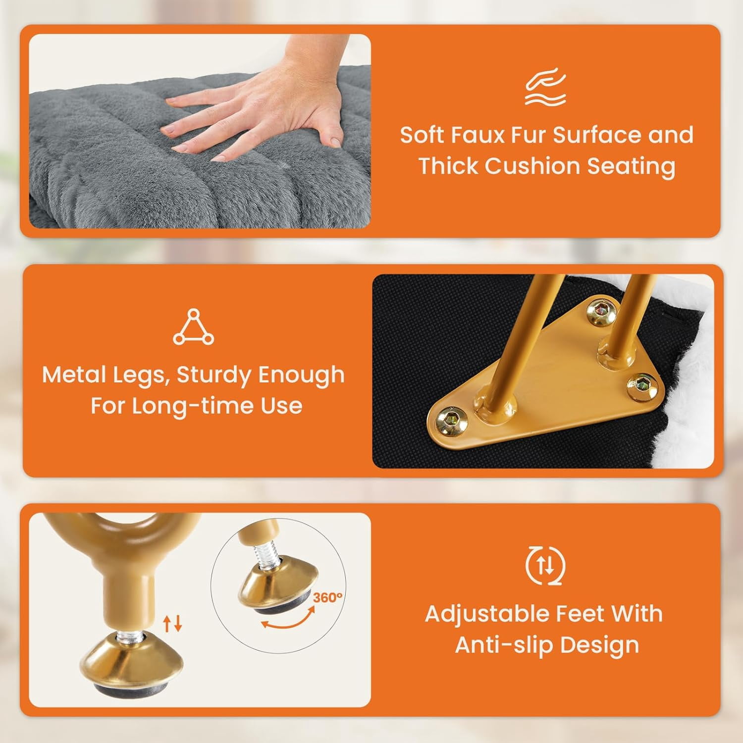 Simenmax Vanity Stool Chair with Storage, Ottoman Faux Fur Soft Padded Makeup Footstools Seat with 4 Metal Legs Anti-Slip Adjustable Feet Modern Cute Small Footrest for Home Entryway Bedroom,Gray