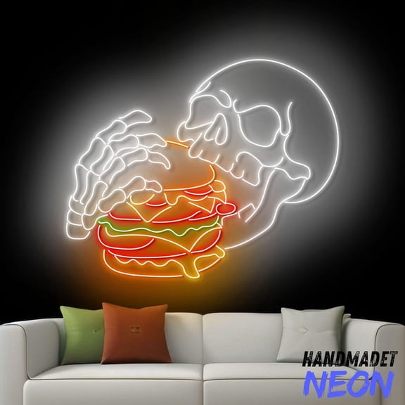 Handmadetneonsign Skeleton Eating Burger Neon Sign, Skeleton Burger Led Sign, Burger Skull Wall Art, Restaurant Wall Decor 77024