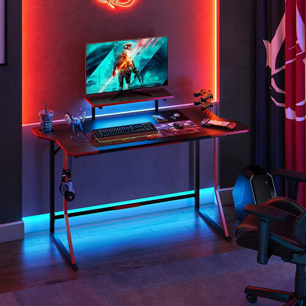 Bestier 55 Inches Gaming Desk With Rgb, Red Desk Led Lights