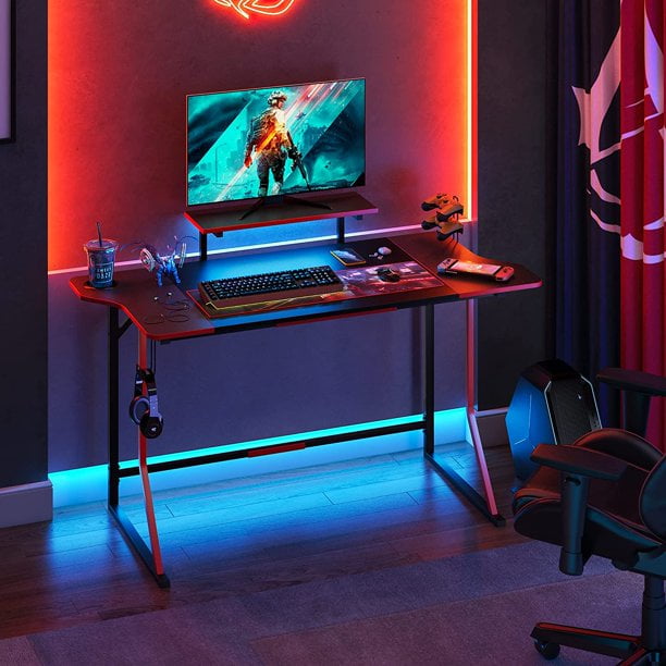 Bestier 55 Inches Gaming Desk With Rgb Led Lights Airplane Style Pc Computer Controller Stand Cup Holder Headphone Hook Gift Red Com Bestier 55 Inches Gaming Desk With Rgb, Red Desk Led Lights