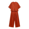 thumbnail image 5 of Vhkiploz 2Pcs Plus Size Summer Suit Sets for Women's Crew Neck 3/4 Sleeve Button Down Top with Wide Leg Pleated Pants Solid Daily Outdoor Outfit Sets, 5 of 5