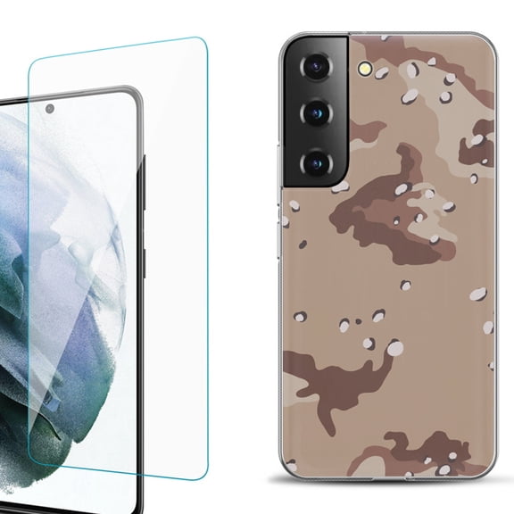 Slim-Fit Fashion Gel Phone Case for Samsung Galaxy S22  5G / S22 Plus 5G, with Tempered Glass Screen Protector, by OneToughShield ® - Desert Camo