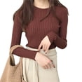 thumbnail image 3 of Suéter de punto Mujer Cuello redondo Manga larga Camiseta delgada de color sólido, Bronceado claro Inevent AP001441-07, 3 of 7