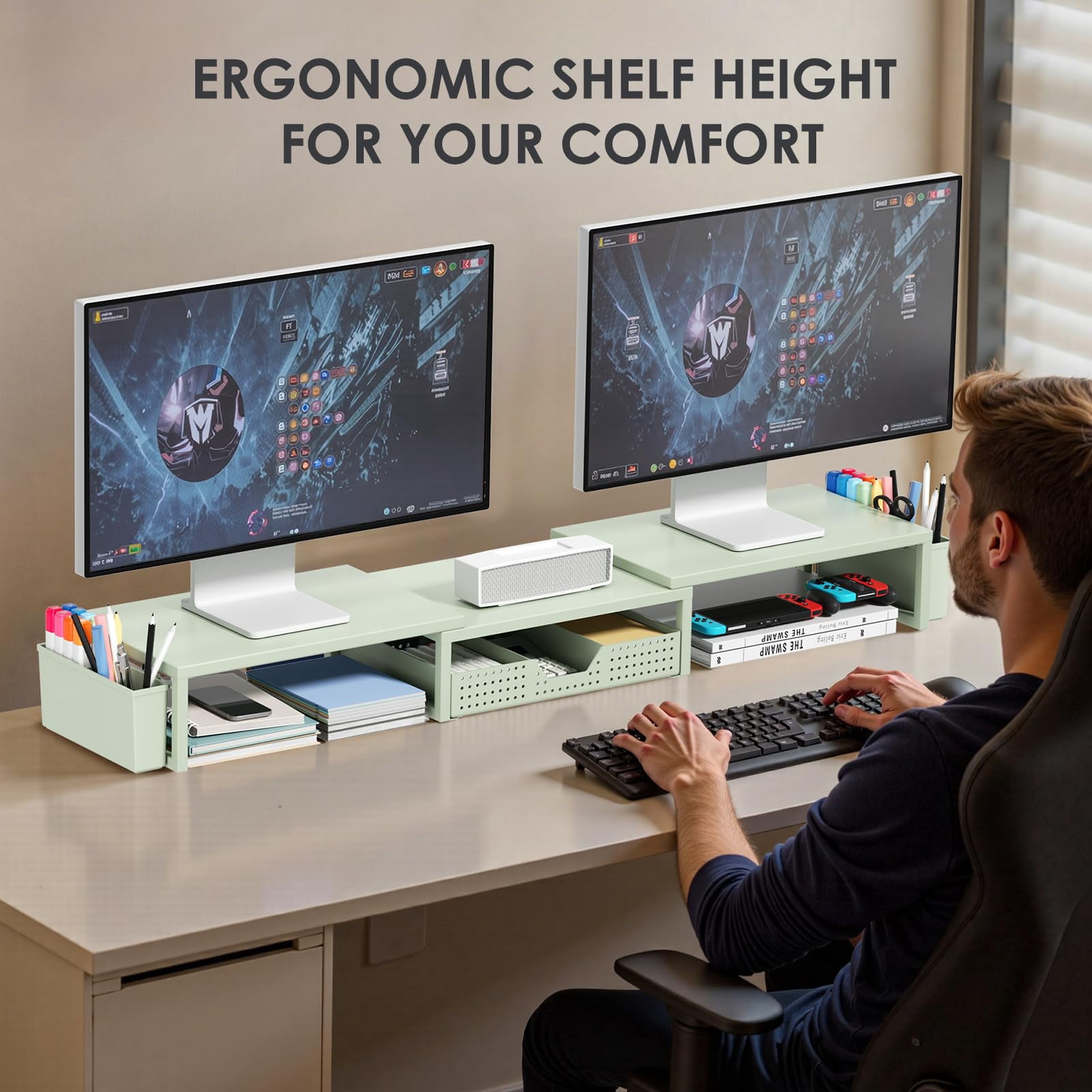 Desk Organizers And Accessories  Dual Monitor Stand Riser With Drawer 2 Pen Holders Shelf Metal Computer For Office Workspace Desktop Organization (green Metal)