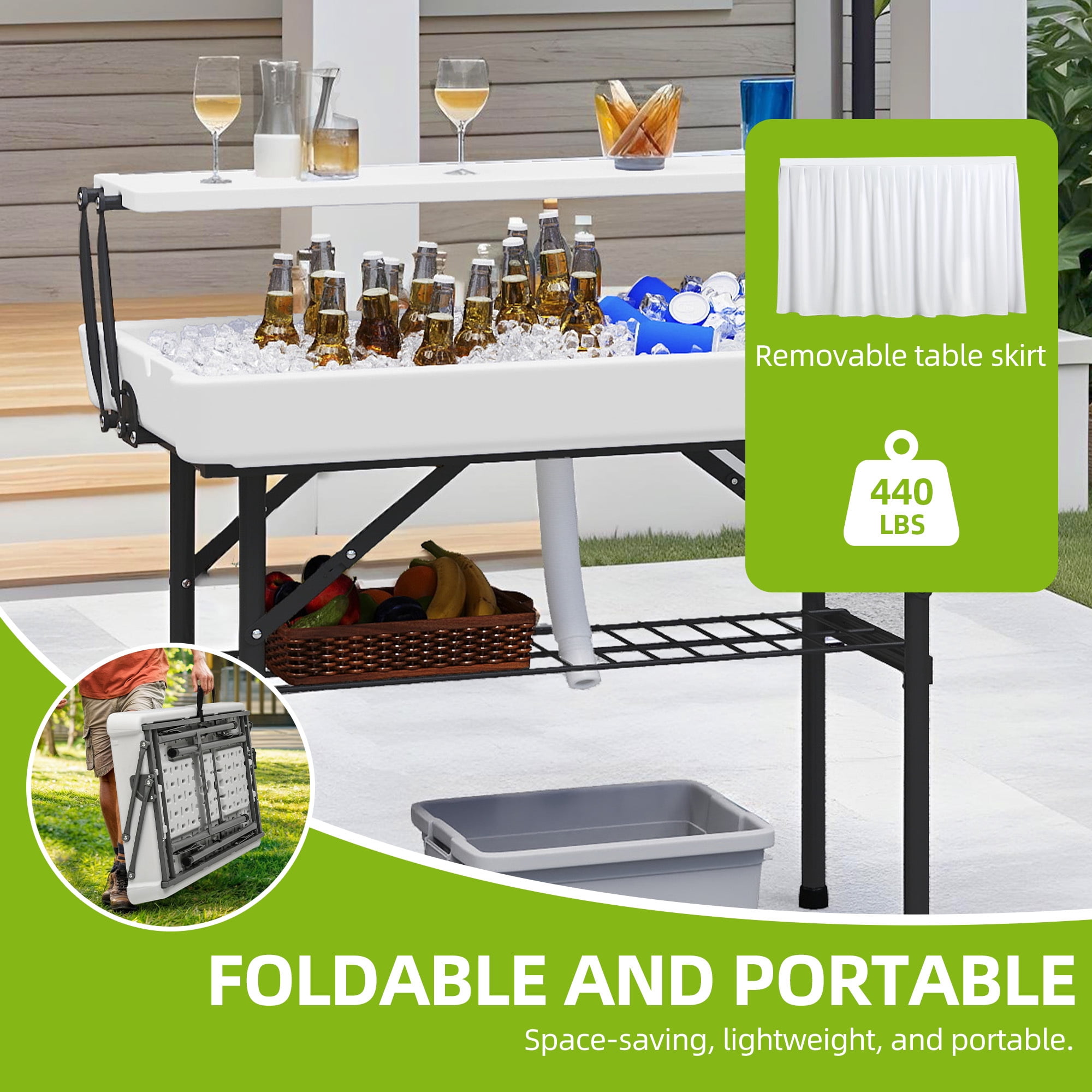 Uforic 4FT Two-Tier Folding Ice Cooler Table, Portable Party Ice Bin with Drain Hole and White Skirt, Outdoor Food Drink Station for BBQ, Camping, Wedding and Gathering