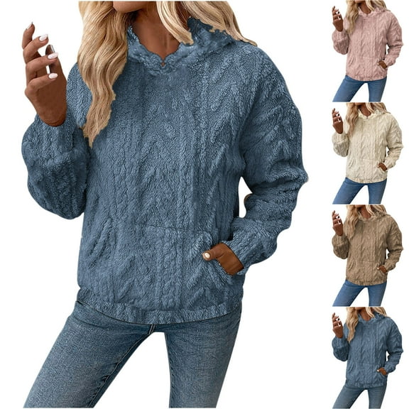 XUNKUSGA Hoodies for Women Sherpa Long Sleeve Cable Knit Pullover Sweatshirt Warm Fuzzy Fleece Hooded Sweatshirt Women Loose Fit Comfort Women Hoodies with Pockets S-3XL Blue