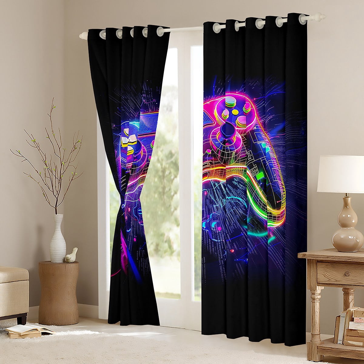 Castle Fairy Video Game Black Out Curtains,Game Console Curtains Pack of 2 (42x63 Each),Neon Lights Bedroom Curtains,Microfiber Boys Bedroom Decor
