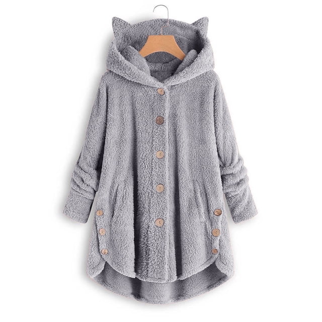 DPTALR Women's Keep Warm Button Down Cardigan Hoodies Cat Ears Irregular Plush Solid Hooded Coat Tops