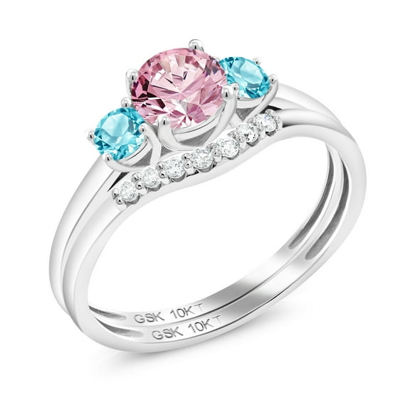 Gem Stone King 10K White Gold Pink Lab Grown Diamond and Swiss Blue Topaz and Lab Grown Diamond Bridal-Sets Ring for Women | 0.86 Cttw | Round 5MM | Gemstone April Birthstone | Size 6