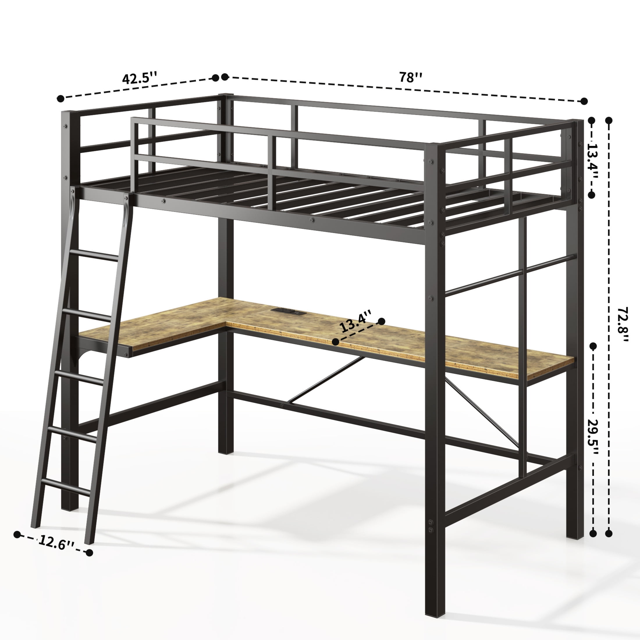 Noble House Twin Metal Loft Bed with L-Shaped Desk & Charging Station, Safety Guardrails, for Kids Room, Black