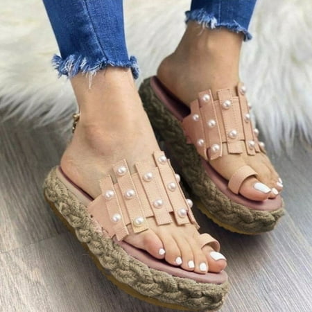 

〖Yilirongyumm〗 Beige 38 Sandals Women Ladies Flop Beach Woven Fashion Shoes Summer Sandals Platform Pearl Flip Women s Sandals