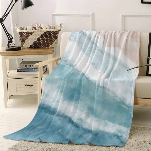 Throw Blanket Fleece Throw Blanket 50x60in, Teal Ombre Marine Beach Scene Soft Lightweight Bed Blankets Abstract Ocean Waves Fuzzy Couch Blankets for All Season
