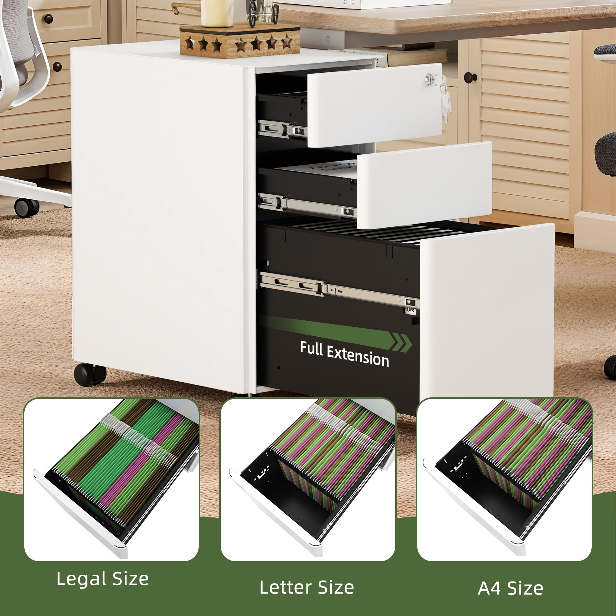 Uforic 3-Drawer Lockable File Cabinet for A4/Letter/Legal Size Folder, Home Office, Assembled Except Casters (White)
