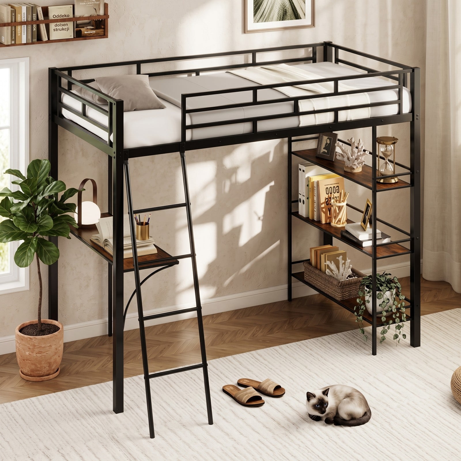 Furnibear Twin Size Loft Bed with Desk and 3-Tier Shelves for Kids and Home, Space-Saving Metal Loft Bed Frame with Ladder and Guardrails, Black