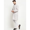 thumbnail image 4 of eloria Blue Kurta with Pyjamas Woven design Mandarin Collar, Long Regular Sleeves 2 Pockets Above Knee Length with Straight hem Cotton blend handloom fabric, 4 of 7