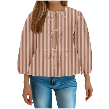RbCulf Long Sleeve Shirts for Womens Cute Babydoll Tops Lightning Sale Lace-Up Front Peplum Blouses Summer Casual Striped Graphic Tees