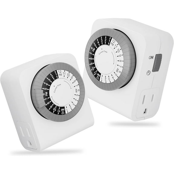 Timer Outlet with 2 Grounded Outlets, Timers for Electrical Outlets Indoor, 24-Hour Mechanical Programmable 3-Prong Plug in Wall Timer Plugs for Lamps, Holiday Lights, Fan, 15A/1875W, 2 Pack