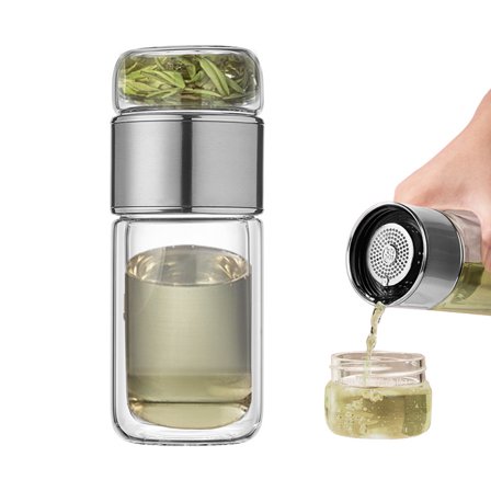 300ml Tea Tumbler Tea Infuser Bottle Double Layer Glass Travel Tea Mug Loose Leaf Tea Strainer Tea Cup Glass Tumbler Office Travel Home Tea Mug Fruit Water Tea Gift (Stainless steel color)
