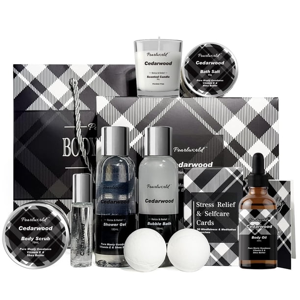 Set de regalo de spa PEARLWORLD Cedarwood, kit de 12 piezas para hombre