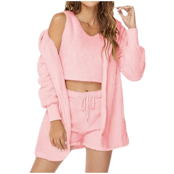 Conjunto de pijama de 3 piezas para mujer: abrigo con capucha de franela, chaleco y pantalones cortos, ropa de dormir suave y cálida, tallas S-XXXL, ropa de estar por casa para invierno
