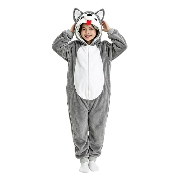 Ruyang Kids Plush Hooded Jumpsuit Wolf Long Sleeve Jumpsuit Plush Dress Up Wear Fall Winter Clothes for Boys Girls