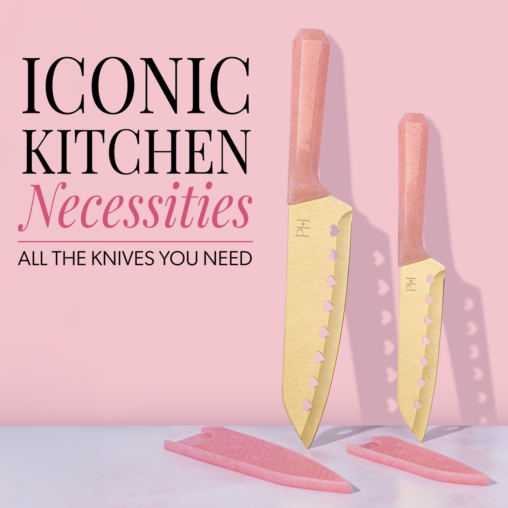 Paris Hilton 2-Piece Santoku Knife Set, Titanium-Coated Stainless Steel Blades with Heart Cut-Outs, Pink Jewel-Faceted Handles