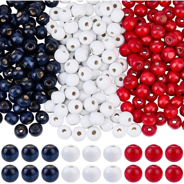 600 cuentas de 10 mm, rojas, blancas y azules, a granel. Cuentas grandes de madera natural con forma de bandera. Separadores sueltos. Cuentas patrióticas.