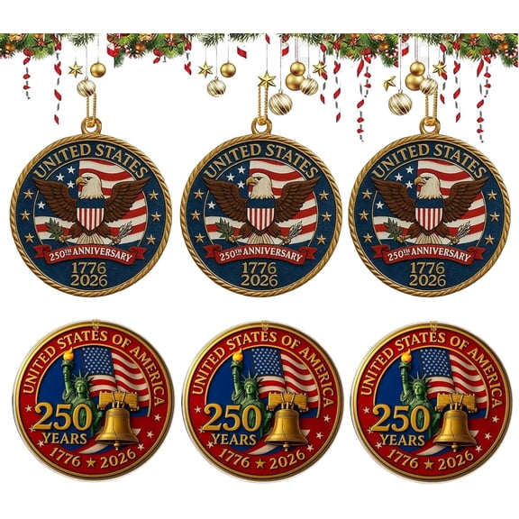 6pc United States 250th Anniversary Ornaments, 250th Anniversary Acrylic Christmas Ornament – 1776-2026 Red & Gold Patriotic Christmas Tree Hanging Decor, Shatterproof Holiday Ornament Gift