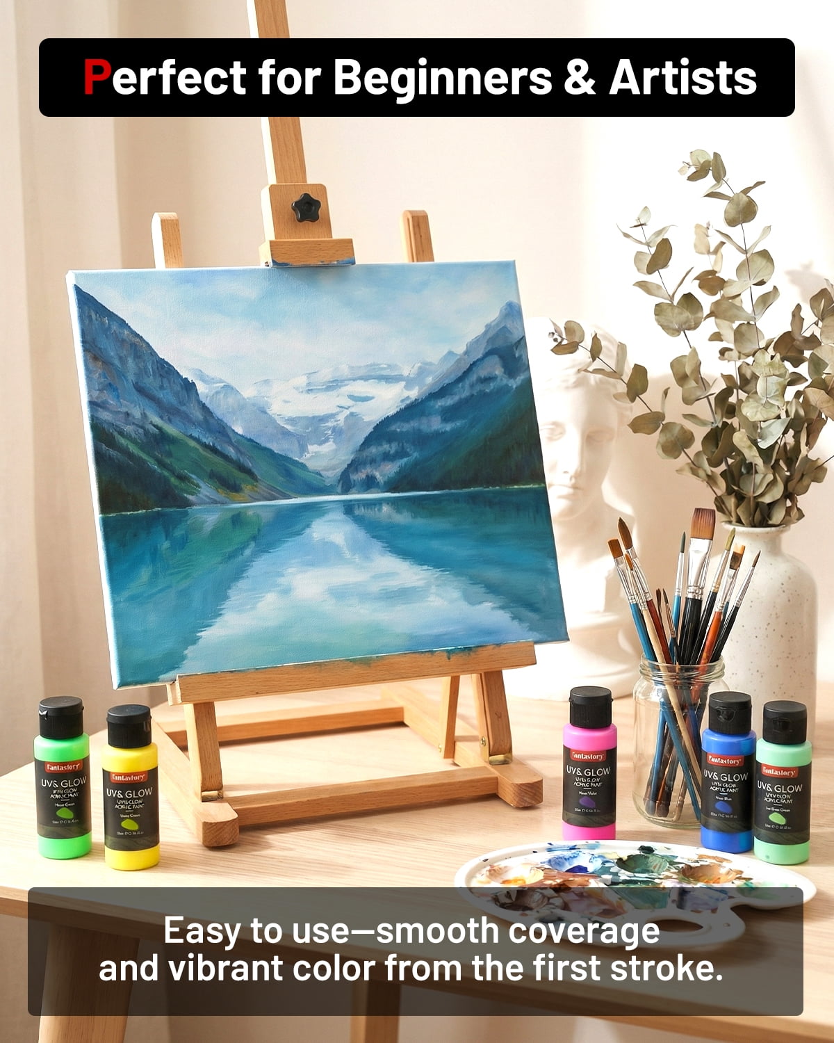 Fantastory 65-Pack Acrylic Paint Set, 50 Colors (2 oz/Bottle), Includes 12 Art Brushes and Palette for Artists