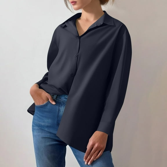absuyy Shirts Button Up for Women Lapel Long Sleeve With Back Button Slit Casual Tops Black Shirt Size 2XL