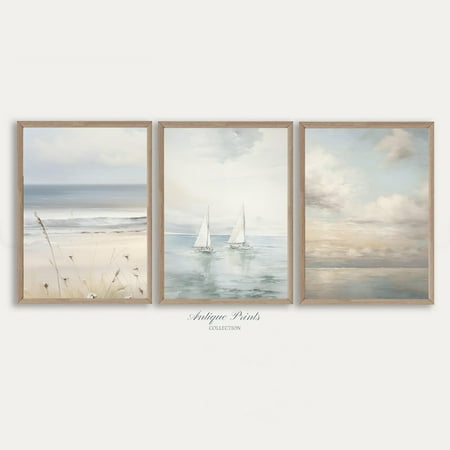 UNFFRAMED Muted Coastal 3 Pieces Wall Art, Neutral Seascape, Vintage Calm Beach Wall Set, Antique Mediterranean Set Posters Set 3 Prints 8x12
