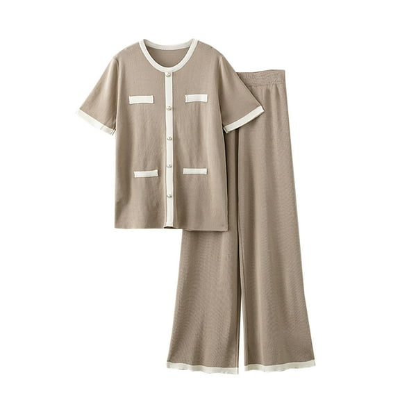 QUYUON Women 2 Piece Summer Outfits Casual Crew Neck Short Sleeve Button-Down Shirt Tops Elastic Waist Wide Leg Pants Sweater Sets Matching Set Loungewear Beige One Size