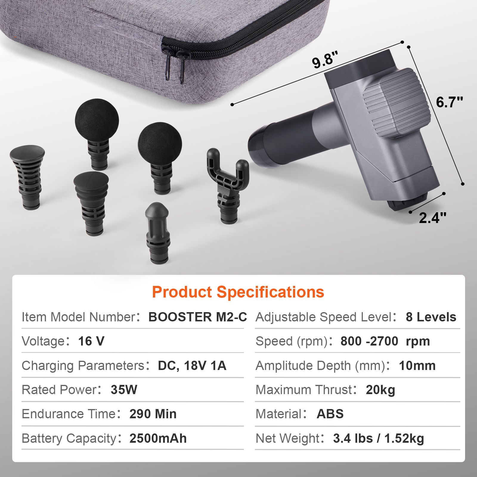 Massage Gun Deep Tissue Brushless Motor 8 Speeds 6 Heads 2500mAh 10mm Amplitude for Post-Workout Recovery